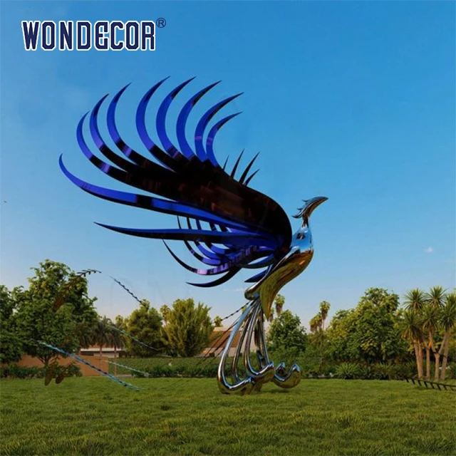 WONDECOR Modern large outdoor forged metal stainless steel phoenix sculpture