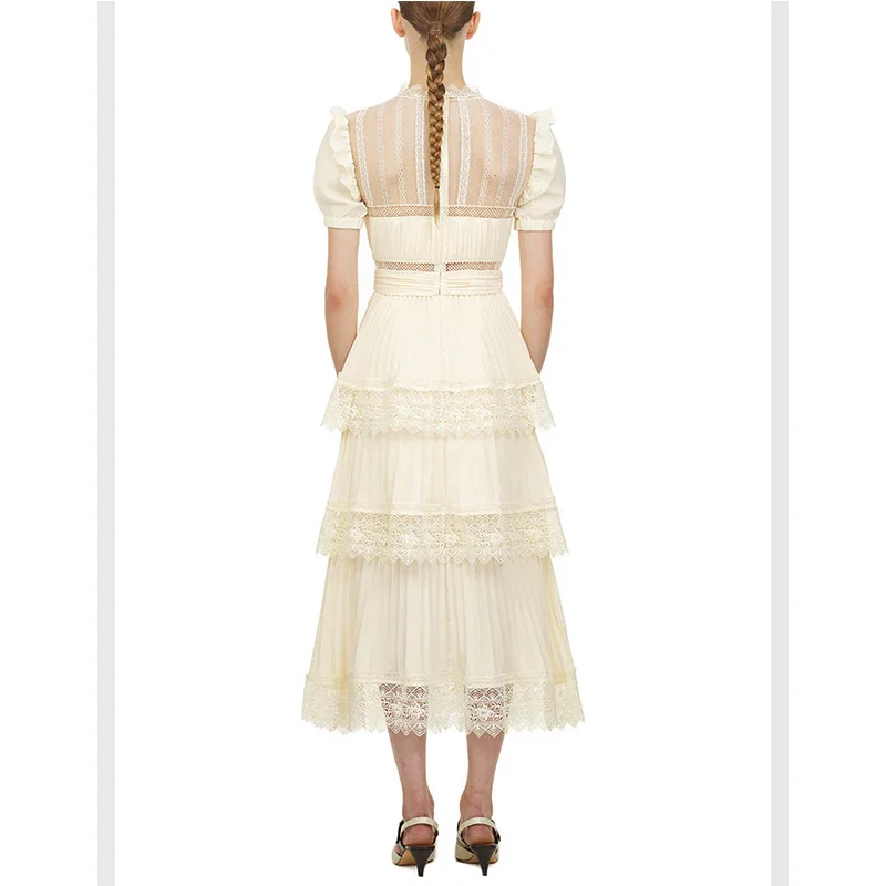 Wholesale Bubble Sleeve High Waist Lace Fashion Elegant Maxi Casual Lady Dress