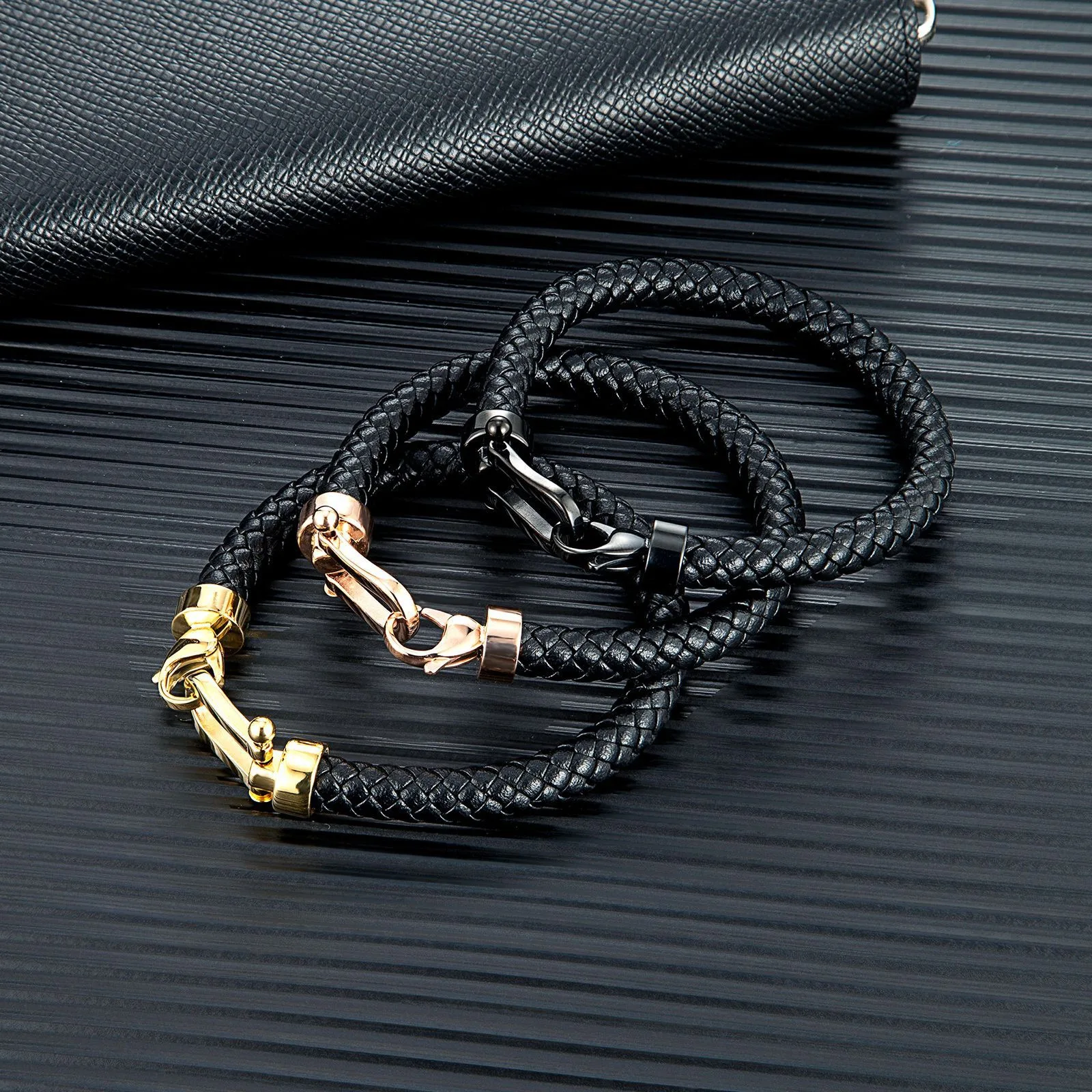 Fashion Personality Jewelry Manufacturers Black Leather Braided Bracelet Stainless Steel Clasp for Men Birthday Gift