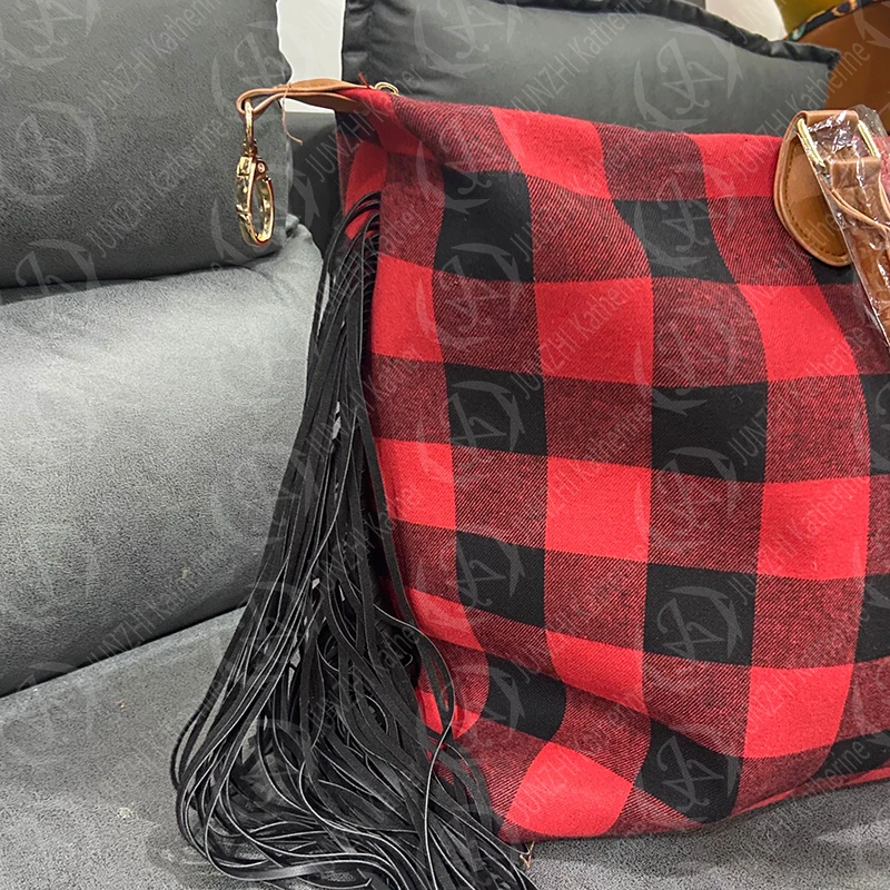 JUNZHI Red Black Buffalo Weekender Fringe Plaid Bag