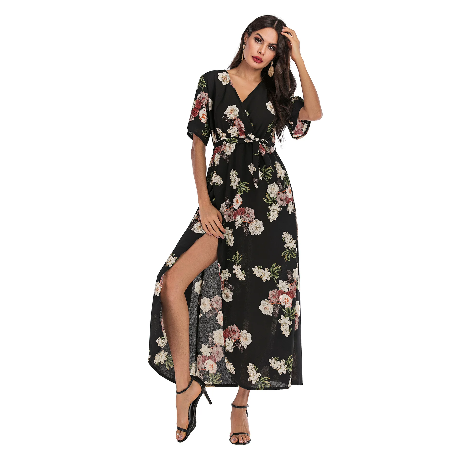 Hawaii Style Beach Blue V Neck Red Floral Print Maxi Split Chiffon Dress