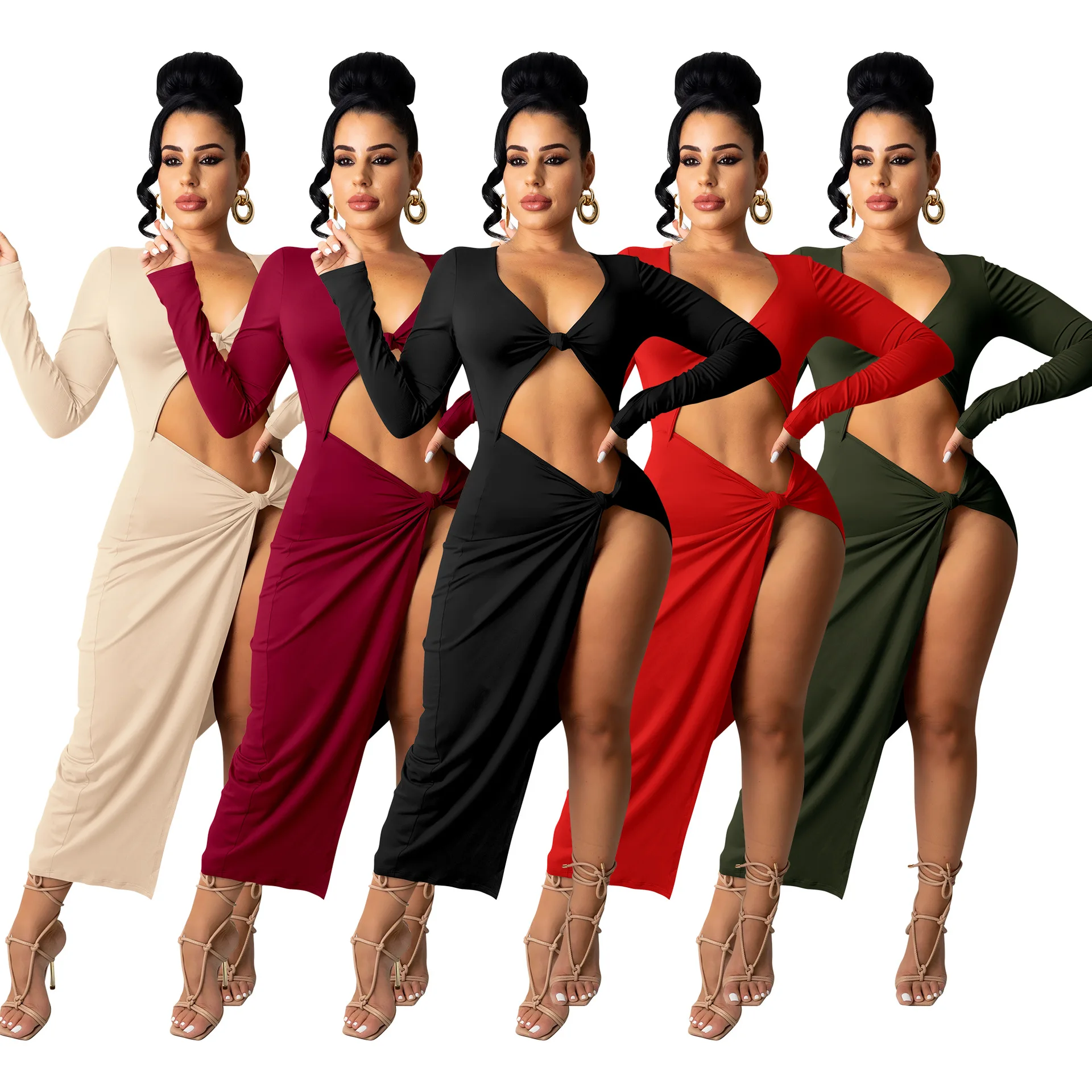 Hottest Sexy Women Side Split Nightclub Dress Long Sleeves V Neck Hollow Out Party Bodycon Dresses Ankle Length 2021