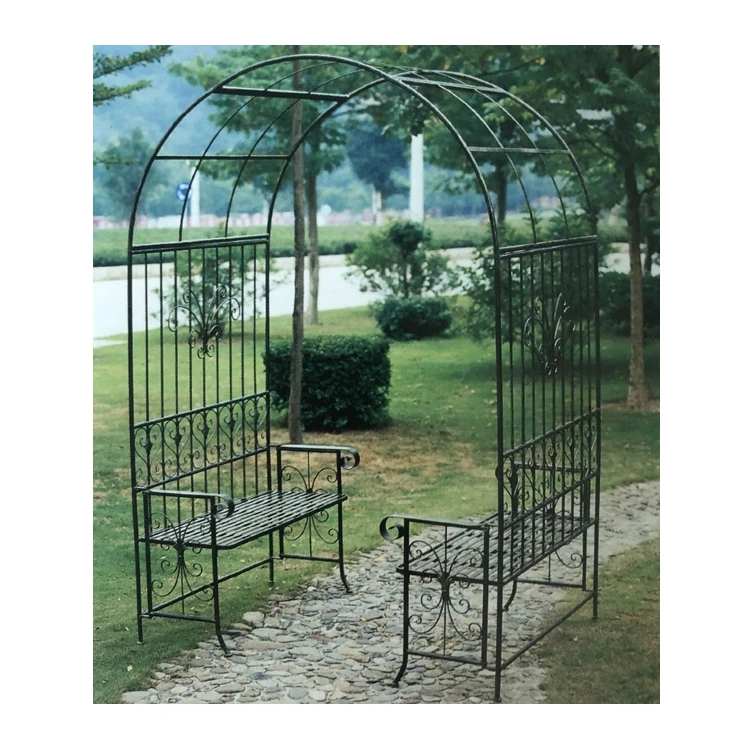 Modern Metal Wrought Iron Garden Trellis Arch with Seat Both Side Decorative Garden Arch Arbors for Plant Flower Climbing