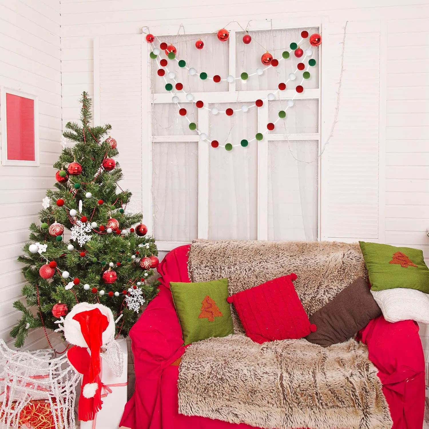 Handmade wool felt garland  white red green DIY pompom Christmas wreath tree and fireplace banner holiday decorations crafts