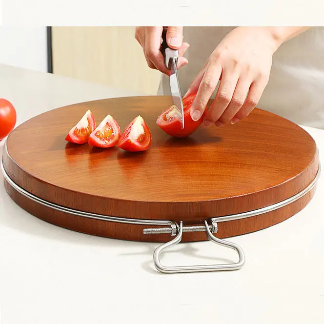 Custom Size Kitchen Thick Natural Eco-Friendly Safe Round Cutting Wood Board With Metal Handle