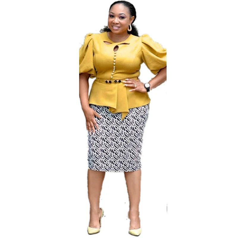 Осенний Повседневный в африканском стиле Одежда с принтом для женщин; Большие размеры костюмы M-3XL женская блузка рукавом-фонариком и карандаш миди юбка одежда из 2 предметов детей
