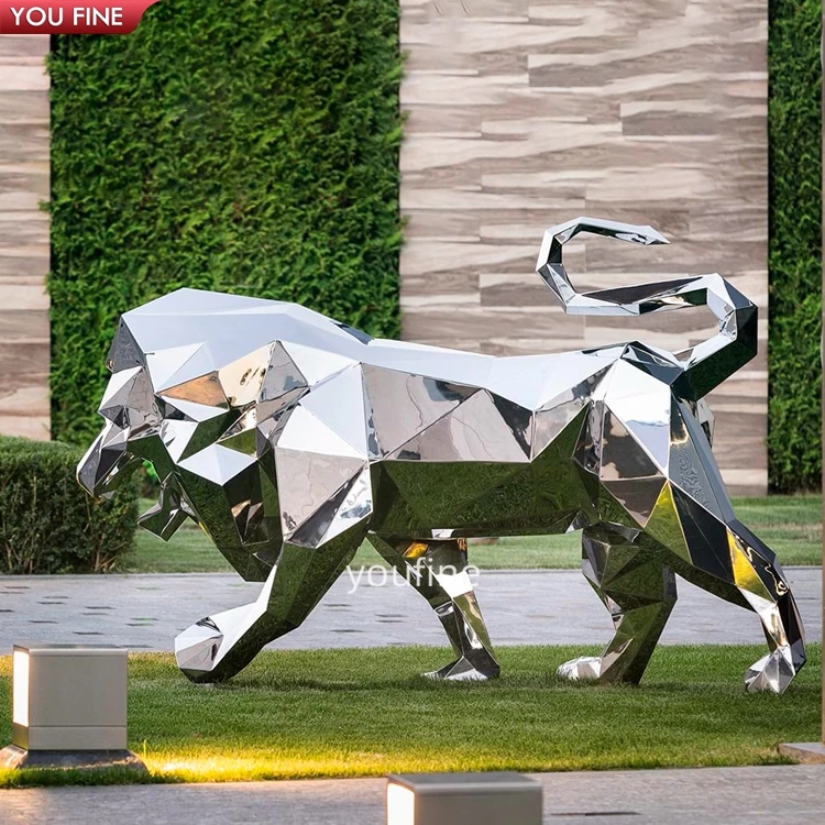 Custom Large Modern Metal Animals Stainless Steel Geometry Lion Sculpture