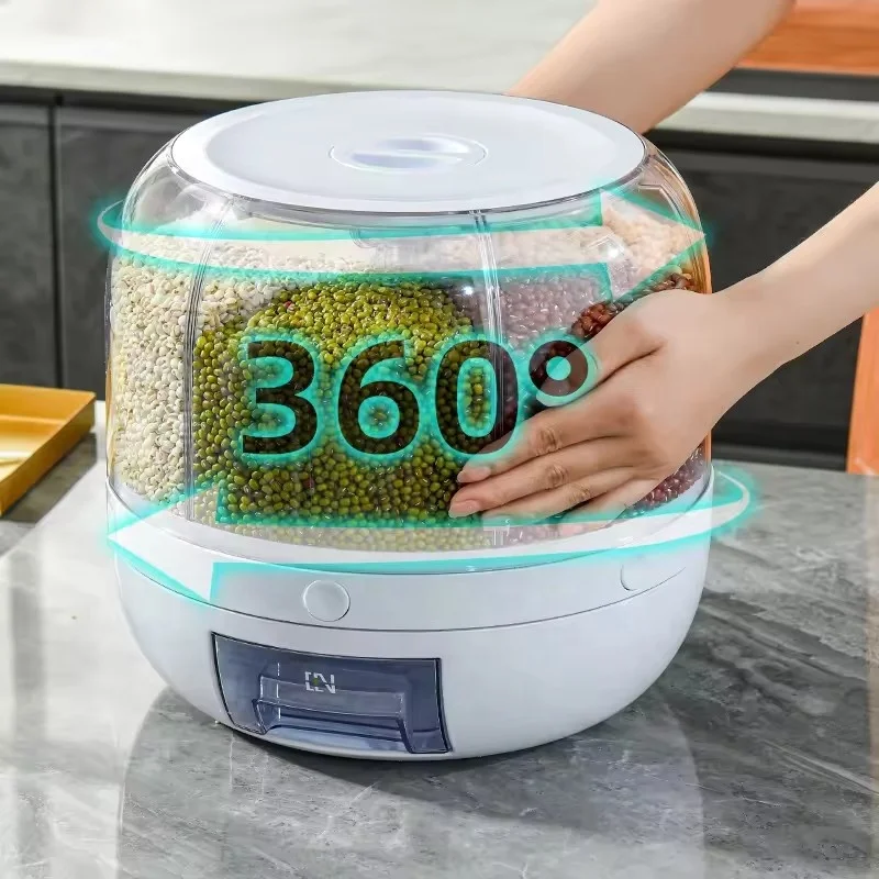 6-Compartment Swivel Food Dispenser 360 Degree Rotatable Moisture-Proof Plastic Kitchen Rice Container PP Grain Storage Bin