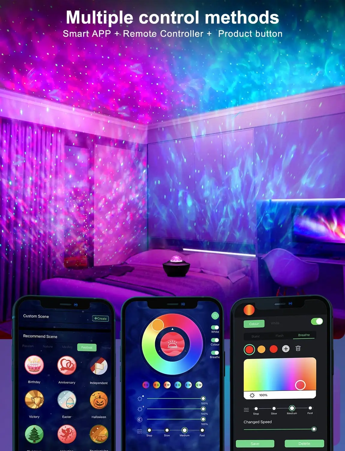 Star Projector Night Light with Remote Control Music Speaker Voice Control Timer RGB Laser Starry Light Projector