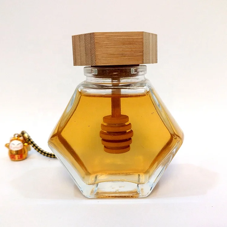 High-end Hexagon Honey Jar with Bamboo Stirring Rod Lids Honey Glass Jar Hexagonal Custom Label Sticker on Jars