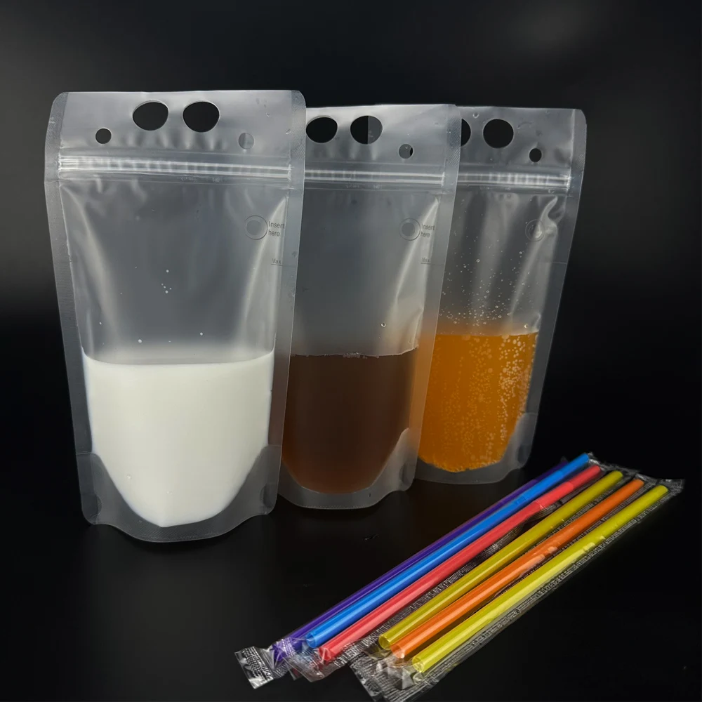 500ml matte juice packing disposable plastic ziplock standing frozen drink pouch bag with Pierceable straw hole