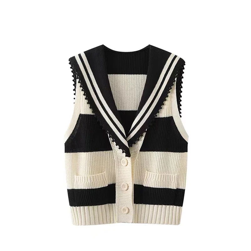 Spring sailor collar black and white stripe women knitted pullover vest