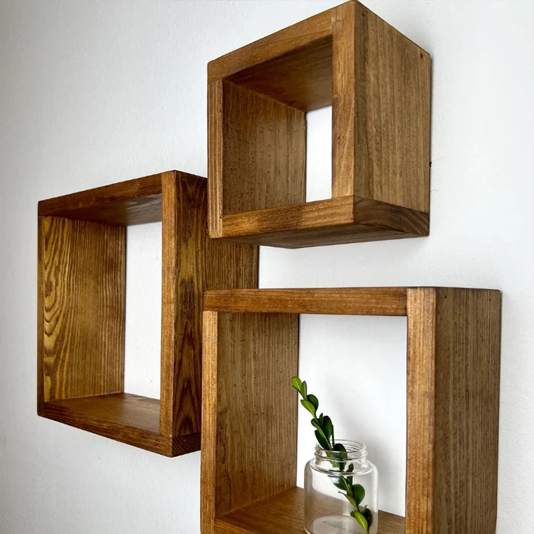 Set of 3 Floating Cube Shelves Quality Wood Shelving Hanging Display Gallery Wall Bathroom Storage