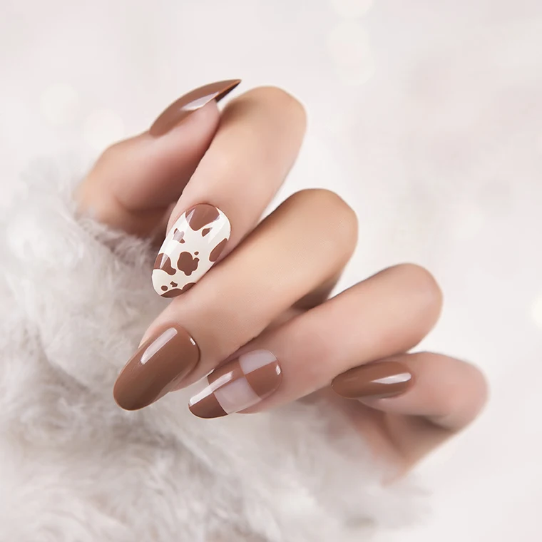 good quality wholesale manufacture dark blu cow nude design oval round shapes press on artificial fingernails