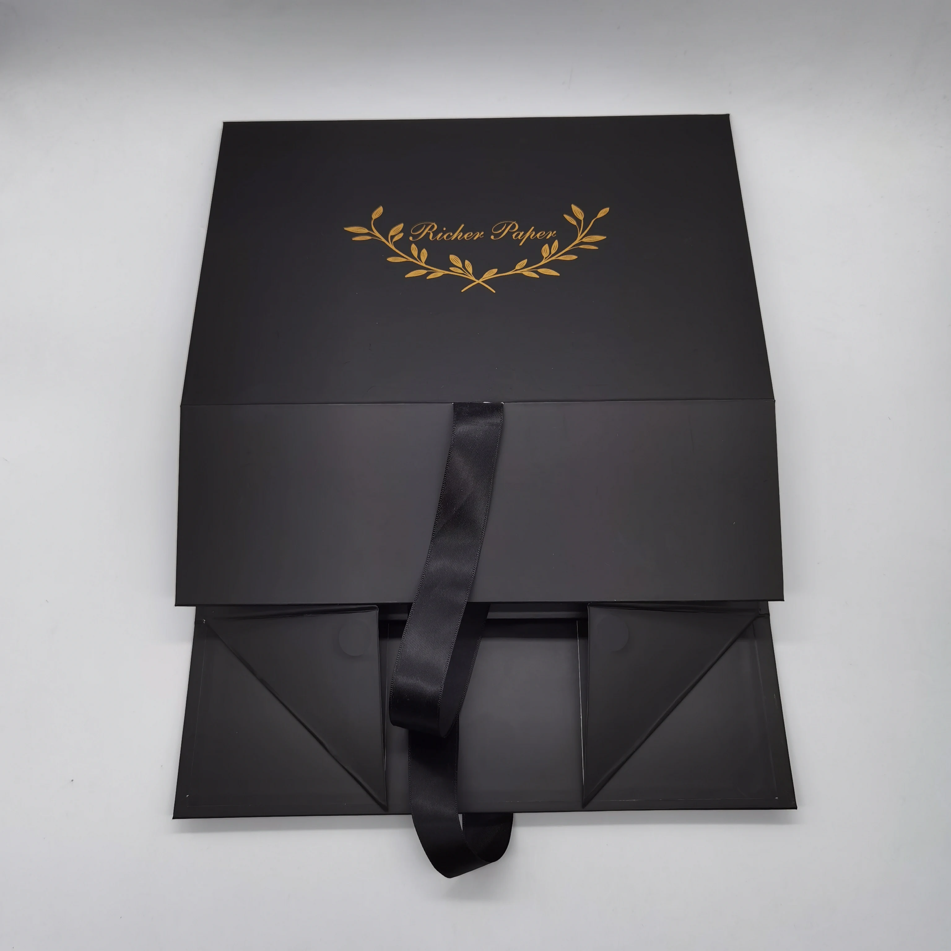 Luxury Satin finished Black Packaging Box Shipping folding Box For Gift