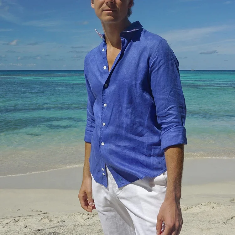 Custom High Quality Mens Shirts Summer Designer Oversized Long Sleeve Slim Beach Casual Black Men Pure Linen Shirt