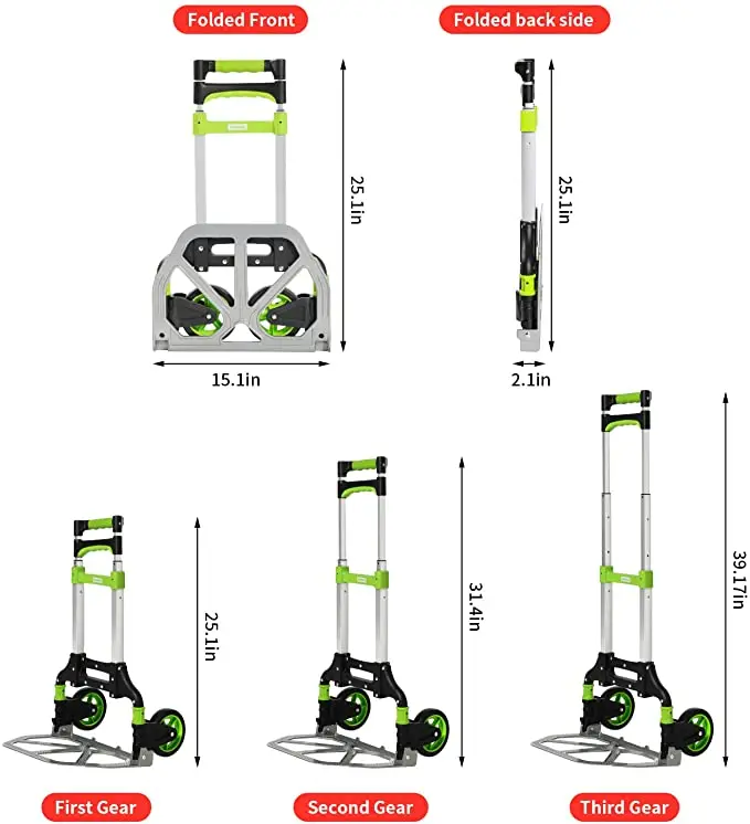 Portable Metal Dolly Foldable Hand Truck Aluminum Luggage Handcart Trolley Cart with Telescoping Handle Stair Climbing Handcart