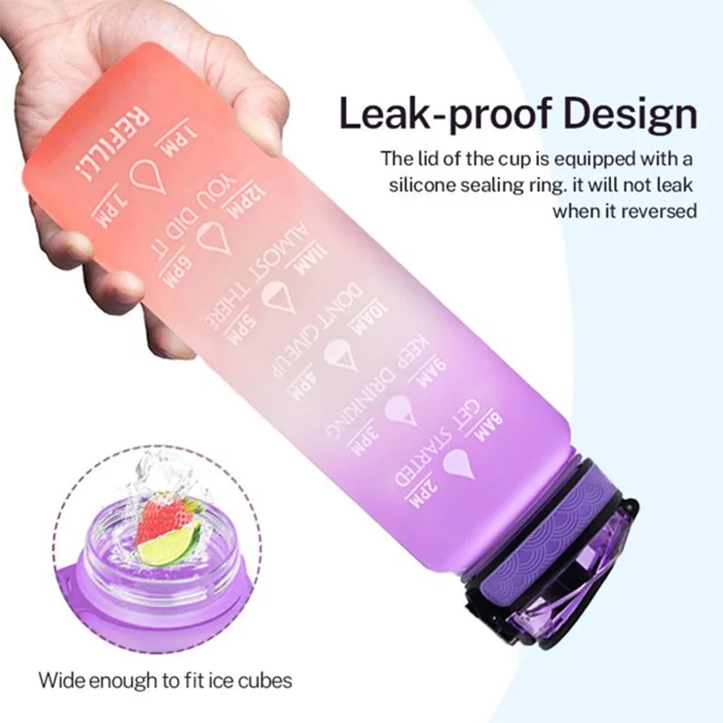 Custom Plastic Straw Strainer Filter Gym Sports 1L 32oz  BPA Free Tritan Motivational Water Bottle With Time Marker