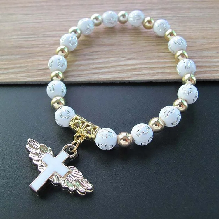 Angel Wing Cross Rosary Bracelets White Gold Cross Charms with Angel Wing Acrylic Baptism Beaded Bracelets for Women Girls Boy B