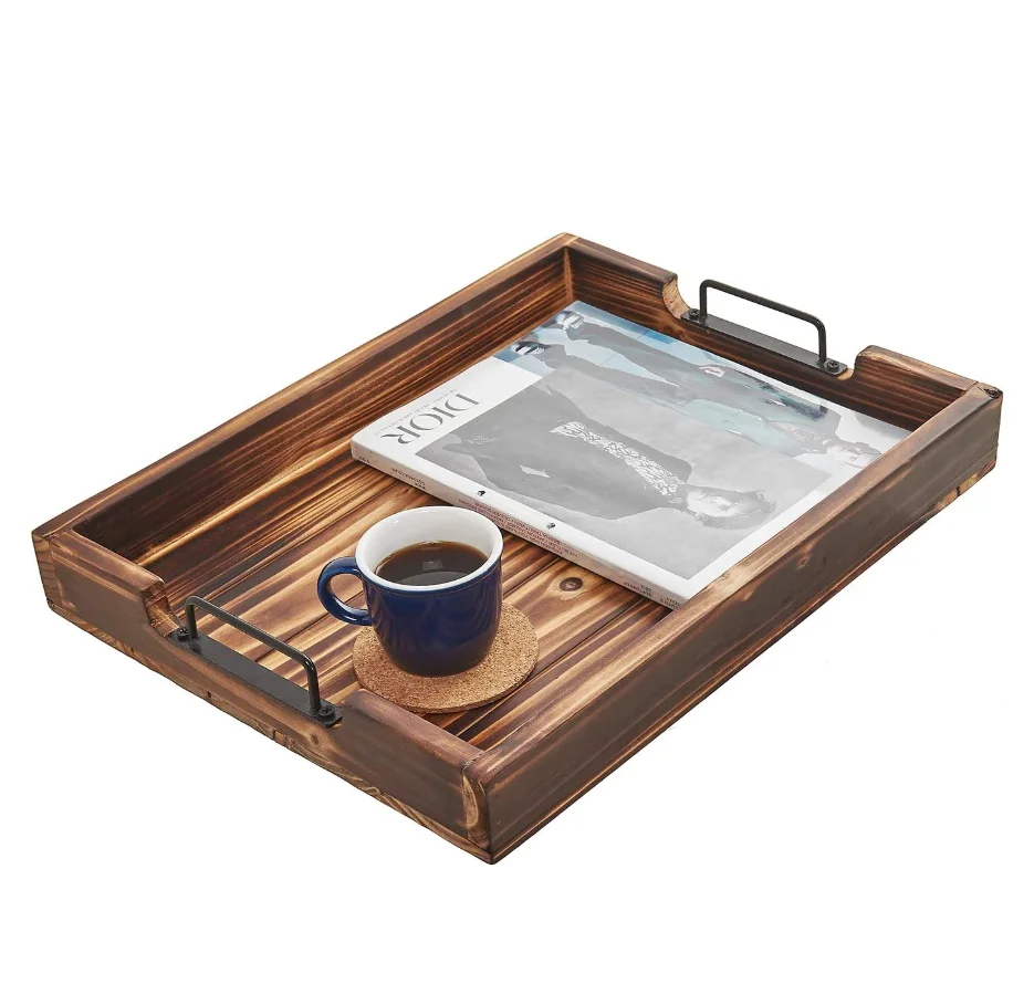 Декоративный винтажный деревенский сервировочный поднос с металлическими ручками, деревянный поднос для еды, кофе, завтрака