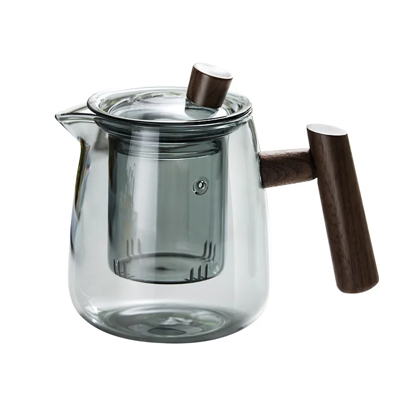 Vmara Glass Teaware Smoky Grey Color Heat Resistant Borosilicate Glass Teapot tea pot Set with wooden handle