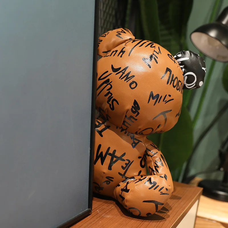 New trend leather plush graffiti printing custom brand logo tide brand custom plush toy teddy bear animal doll