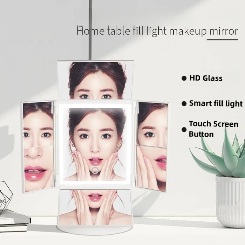 Multi-function Led Makeup Tabletop Mirror Circular Girl Makeup Mirror with Storage Box Wireless Charger Silver Square Lighted