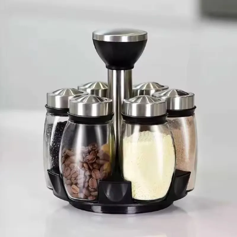 Spice Rack Organizer Kitchen Countertop Spice Storage Rack Swivel Rack Tower Set with 6 Glass Spice Refill Container Jars