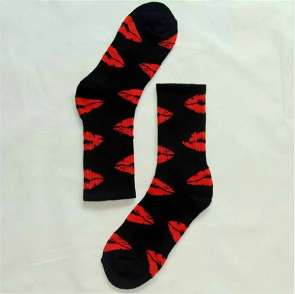 Fashion Cute Long Crew Sock Of Red Lip Kiss Pattern For Men Women Skate Hiphop Fixed Gear Black And Sox