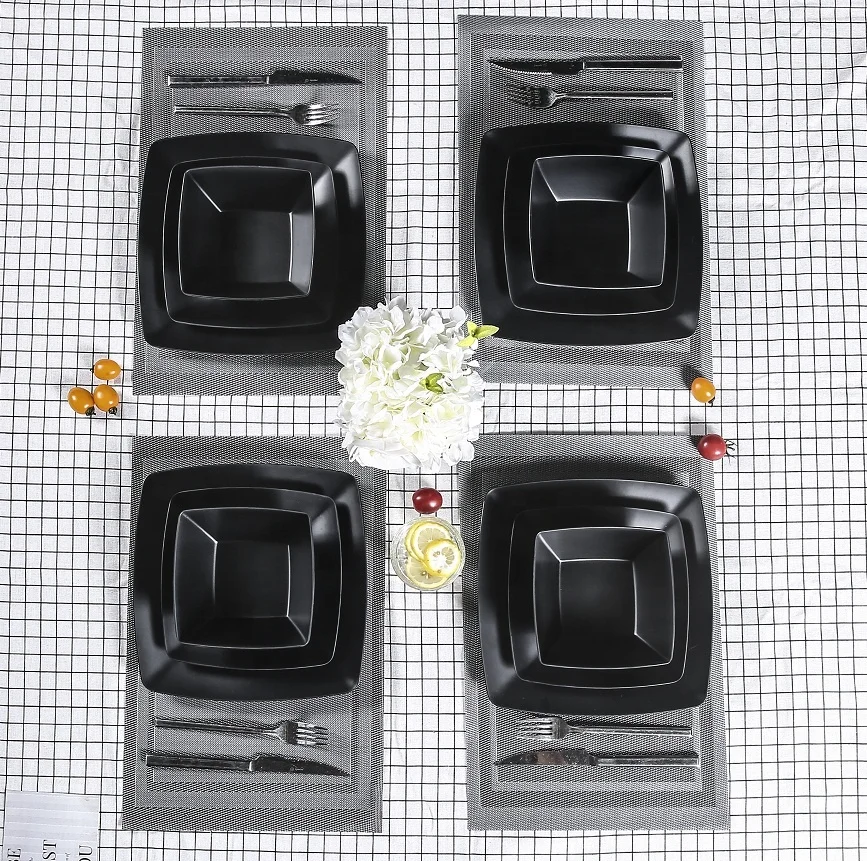 Wholesale Restaurant Square Black Japan Sushi Outdoor Food Grade Melamine Dinnerware Set Plates And Bowls Set For 4