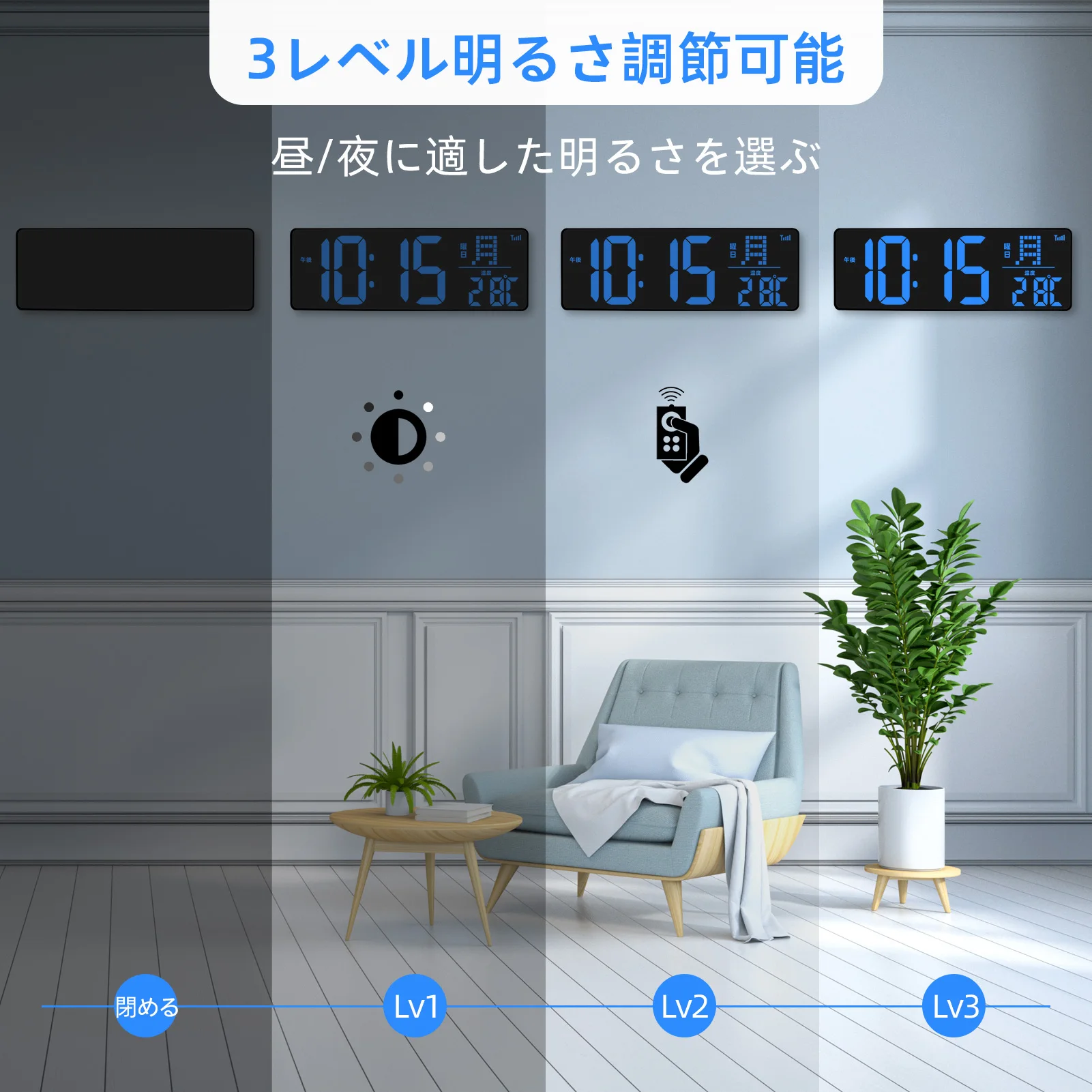 Japanese Button Blue LED Luxury Wall Clock with Timer Alarm Date and Temperature Display for Home Office or Church