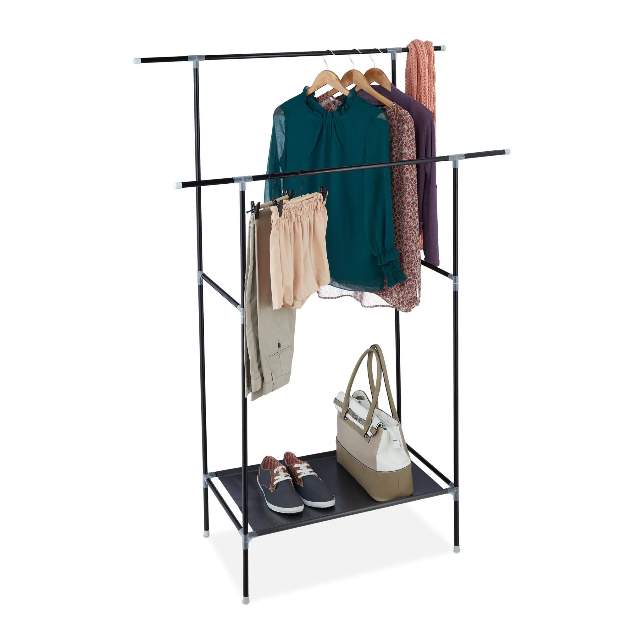 Cheap Easy Assembly Double Hanger Rod Folding Clothing Rack with Non Woven Shelf