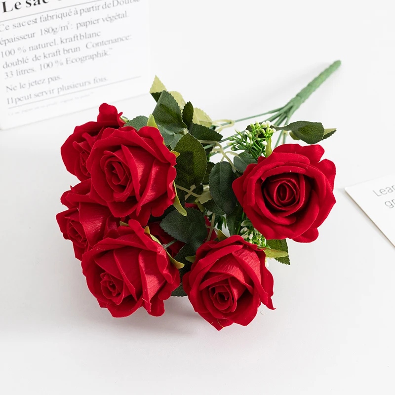 High Quality Artificial Rose Flowers 7 Heads Velvet Rose Flower Bouquet For Wedding Decoration Valentines Day