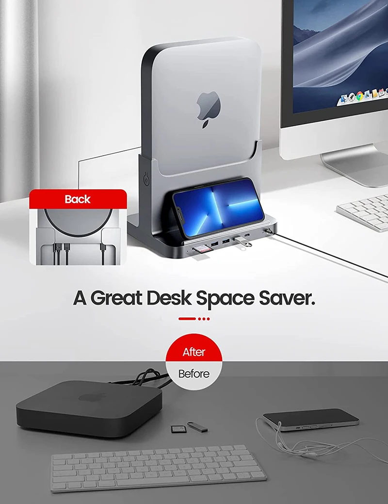 Mac Mini Stand Plastic Dock for Mac Mini 8-in-1 Dock Station Holder with Power Adapter USB 3.0 Port Type C Hub