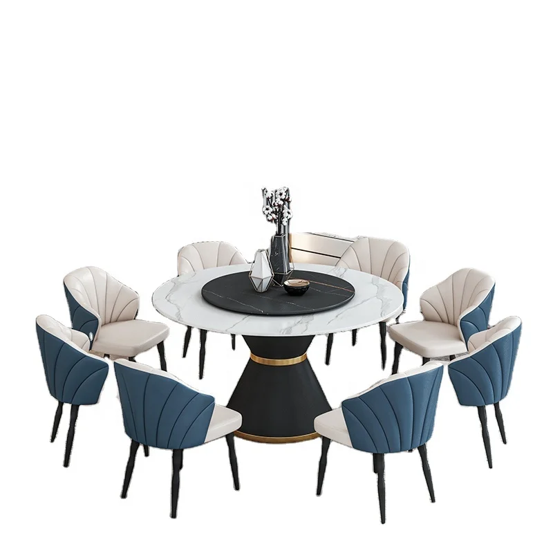 Hot-selling Stainless Steel Base Frame Rock Slab Countertop Dining Table with Rotating Center Round Combination Dining Table