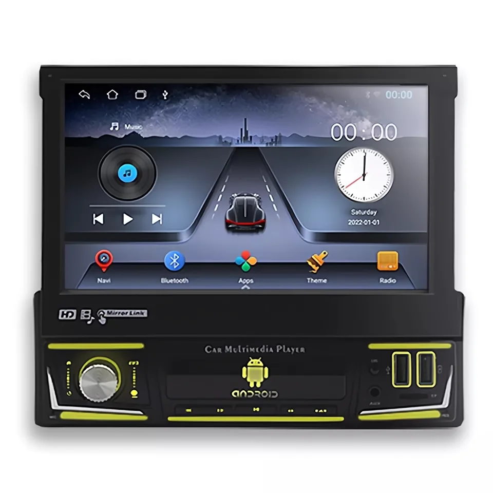 Single Din 7inch Android Retractable Car Stereo DVD Player Auto Radio with BT Wifi GPS Navigation Mirror Link