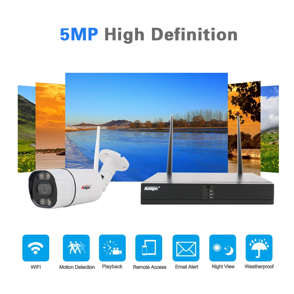 Anspo  HD 5mp 8CH SD Card   Waterproof Outdoor P2P  Wireless Bullet Camera 8CH Wifi NVR  Security camera  CCTV camera system