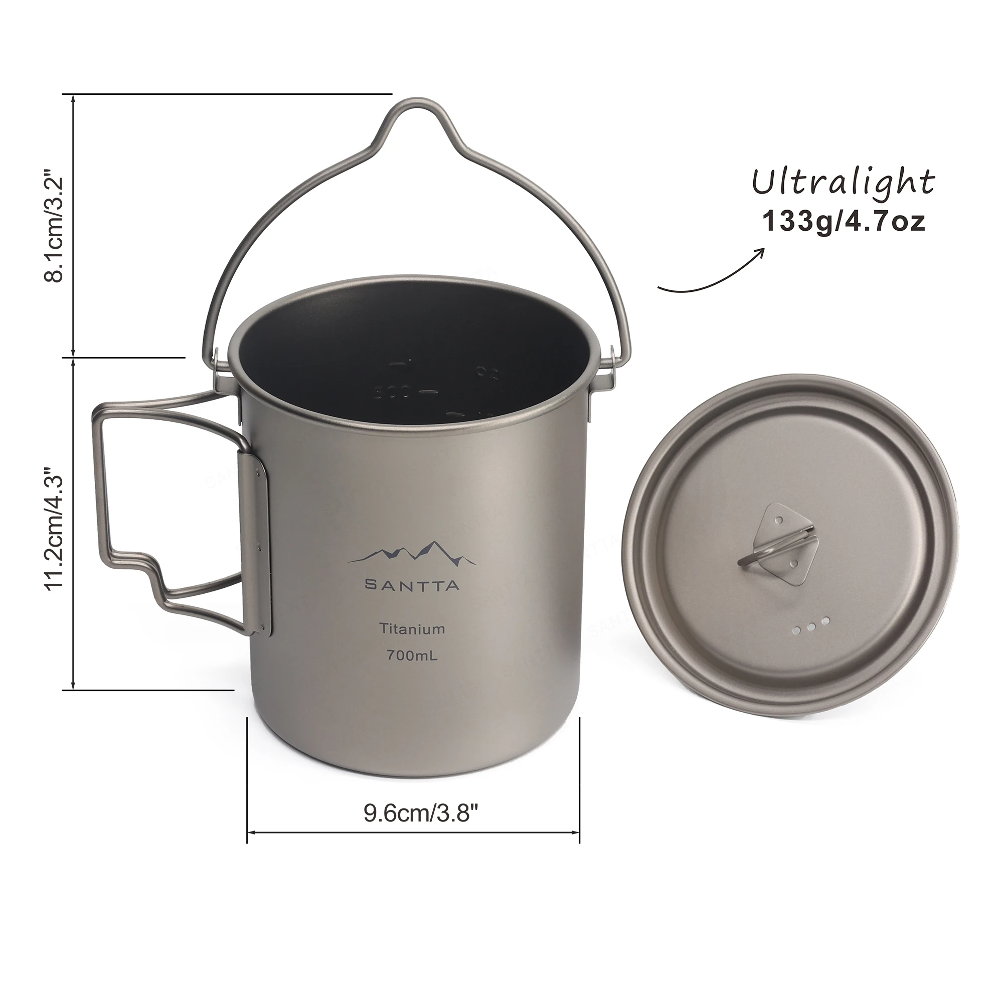750mL Titanium Camping Pot- Lightweight Pot Mug with Bail Handle for Outdoor Camping, Hiking and Bushcarft
