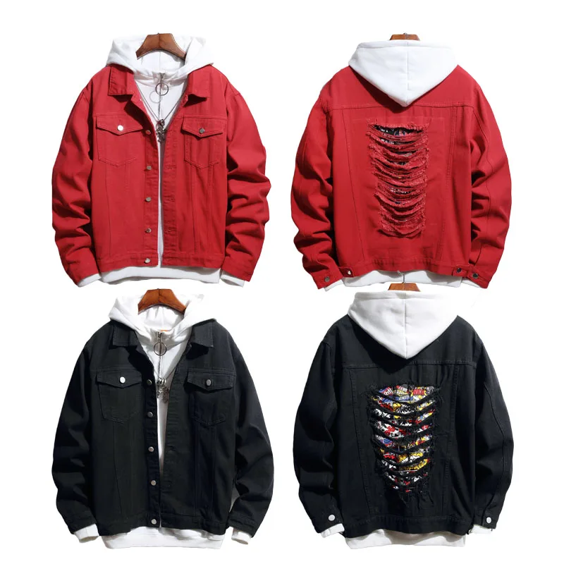 New Fashion Denim Jacket Street Style All-match Red Black Ripped Men Jean Jackets
