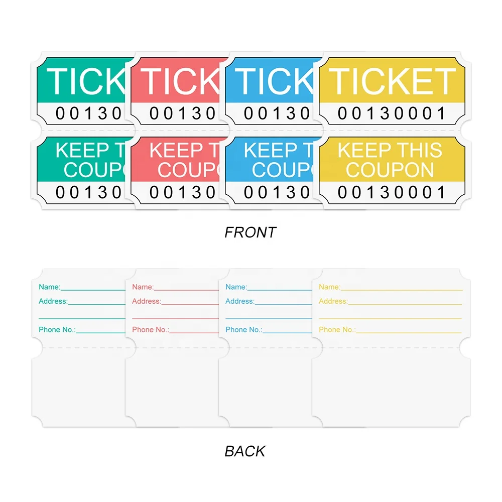 
4 Colors Assorted Pack of 8000 Tickets 2x2 inch Double Coupon Tickets Raffle Tickets 