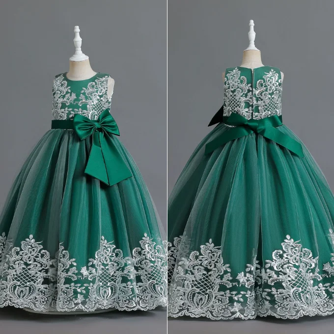 Elegant Cute Kids Dress Mesh Lace Embroidery Performance Princess Dress Bow Wedding Flower Girl Tulle Party Dress Girls