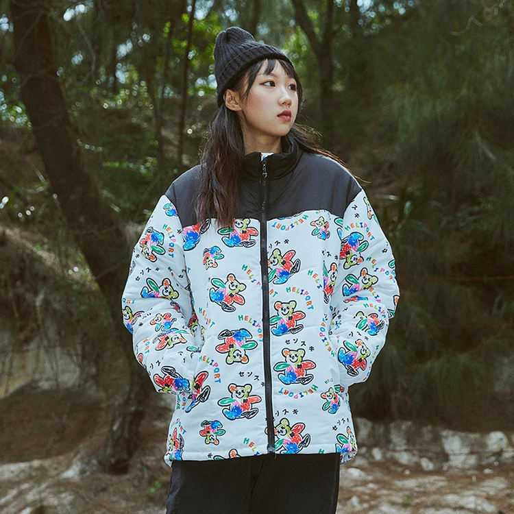 Wholesale Bear Print Anime Women Clothing Korean Winter Thick Custom Logo Padding Colorful Puffer Zip Coat Jacket Men