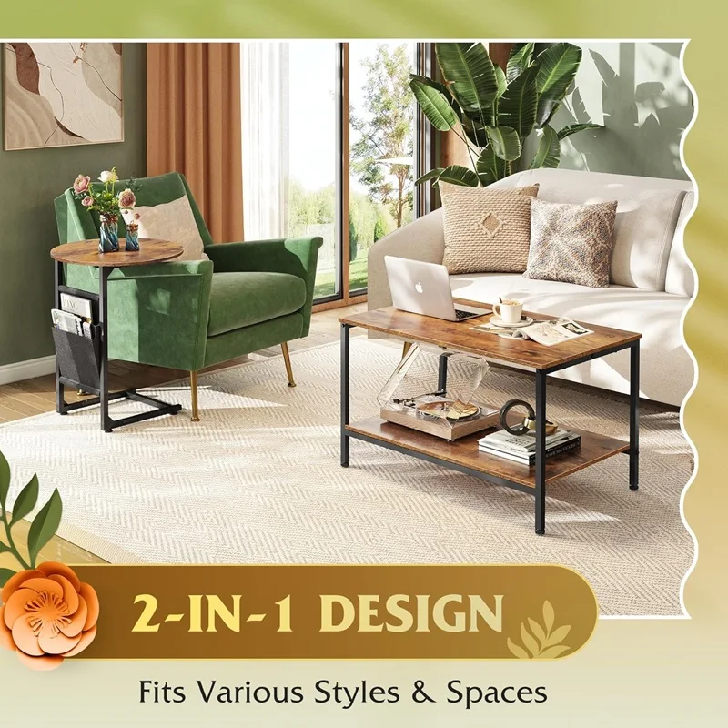 MODERN 2 IN 1 COFFEE TABLE SET RECTANGLE CENTER TABLE AND C SHAPED ROUND END TABLE FOR LIVING ROOM