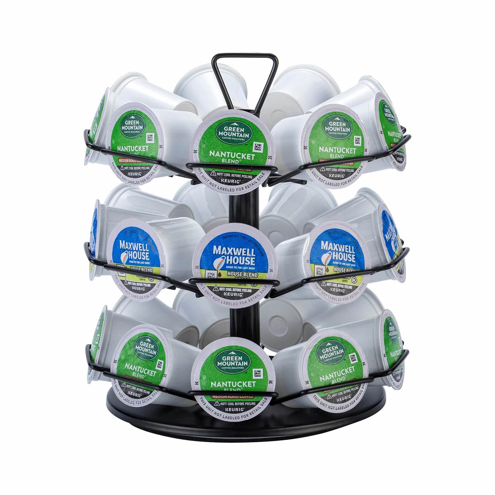 Modern 3-Tier Black Metal Coffee Pod Carousel Holder 360-Degree Spinning 27 Pods K-Cups Storage Rack for Kitchen Use Box Packed