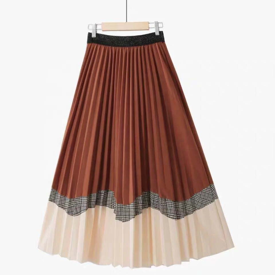 
Korean version of the new contrast color pleated stitching mid-length skirt high waist and large drape skirt 