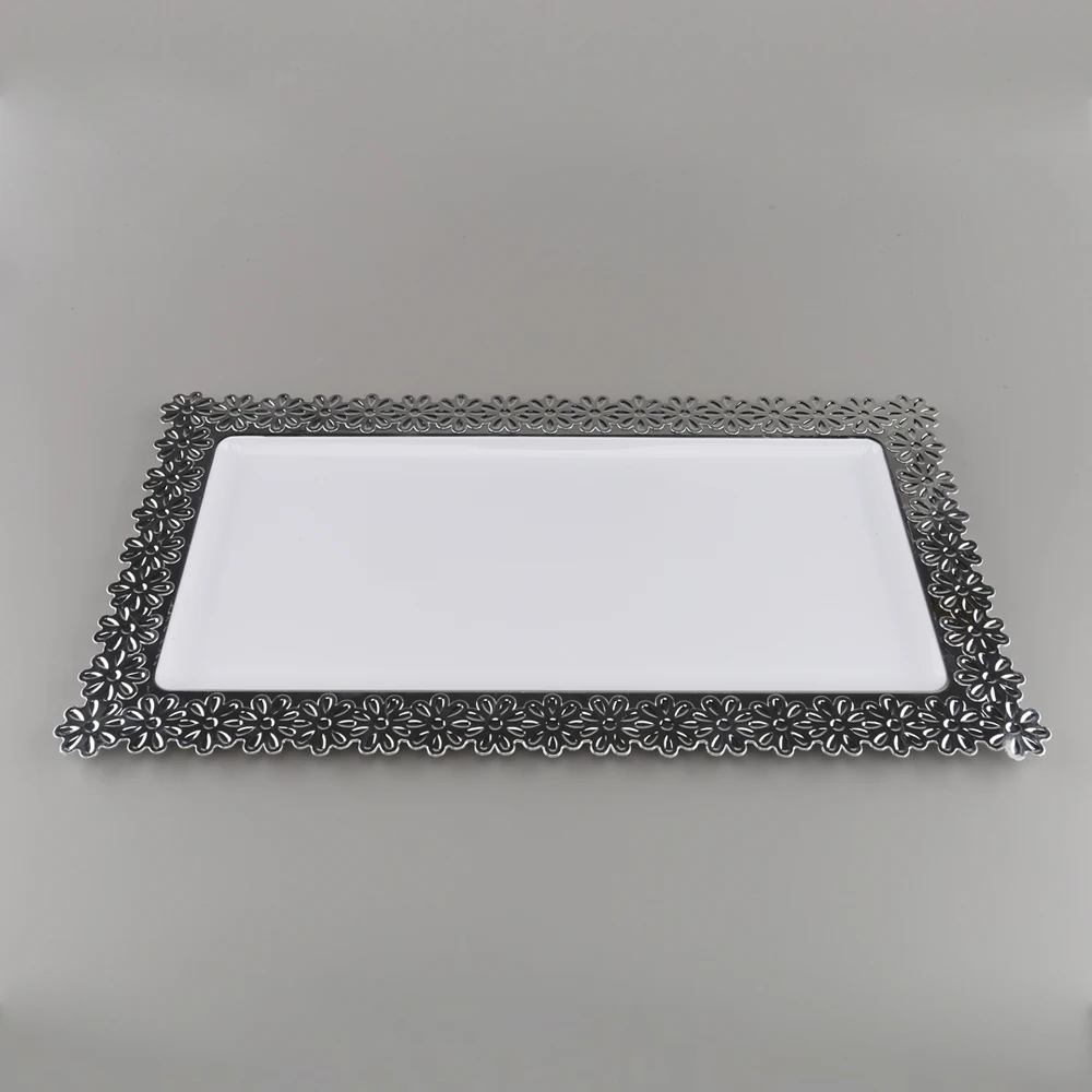New design flower food silver border plated wholesale cheap small disposable long plastic tray
