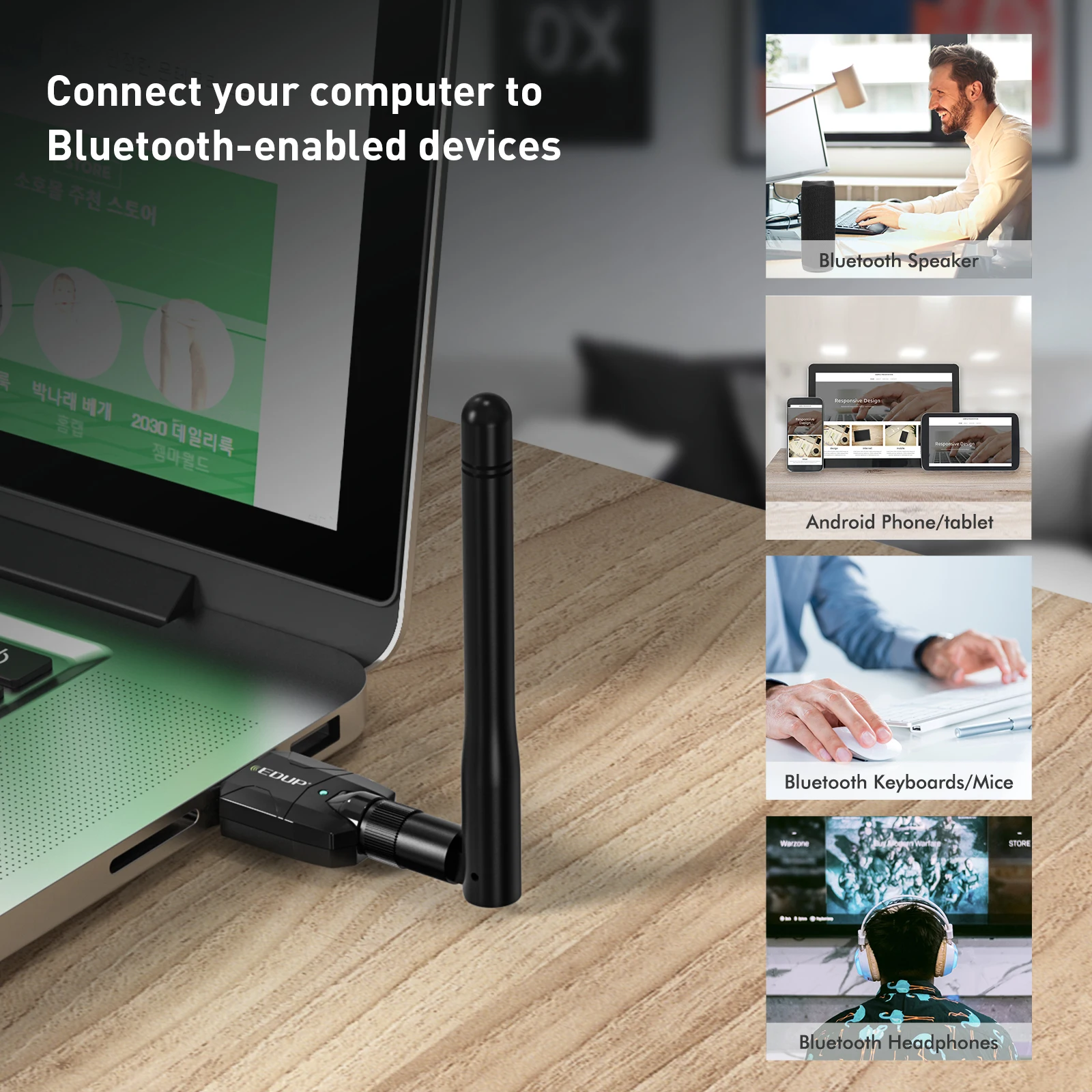 EDUP 100 Meters Long Range BLE BT True Bluetooth 5.1 USB Bluetooth Dongle for PC