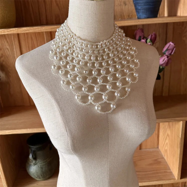 Women Hollow Out Woven Imitation Pearl Necktie Necklace Retro Weaving Beaded Vintage Jewelry Choker Big Flower Shirt Tie Collar