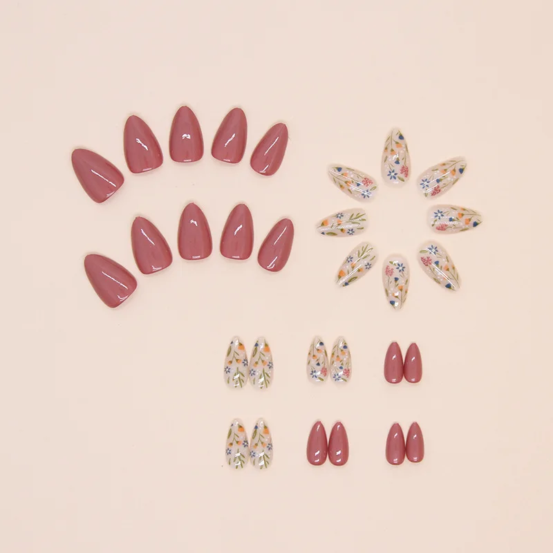30pcs Bean Sand Small Flowers Almond Coffin Acrylic False Nails Set DIY Salon Faux Nails