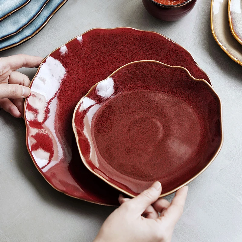 Handmade Rustic Glazed Ceramic Irregular Square Reactive Tableware Dishes Plates Restaurant Porcelain Dinner Food Serving Plates